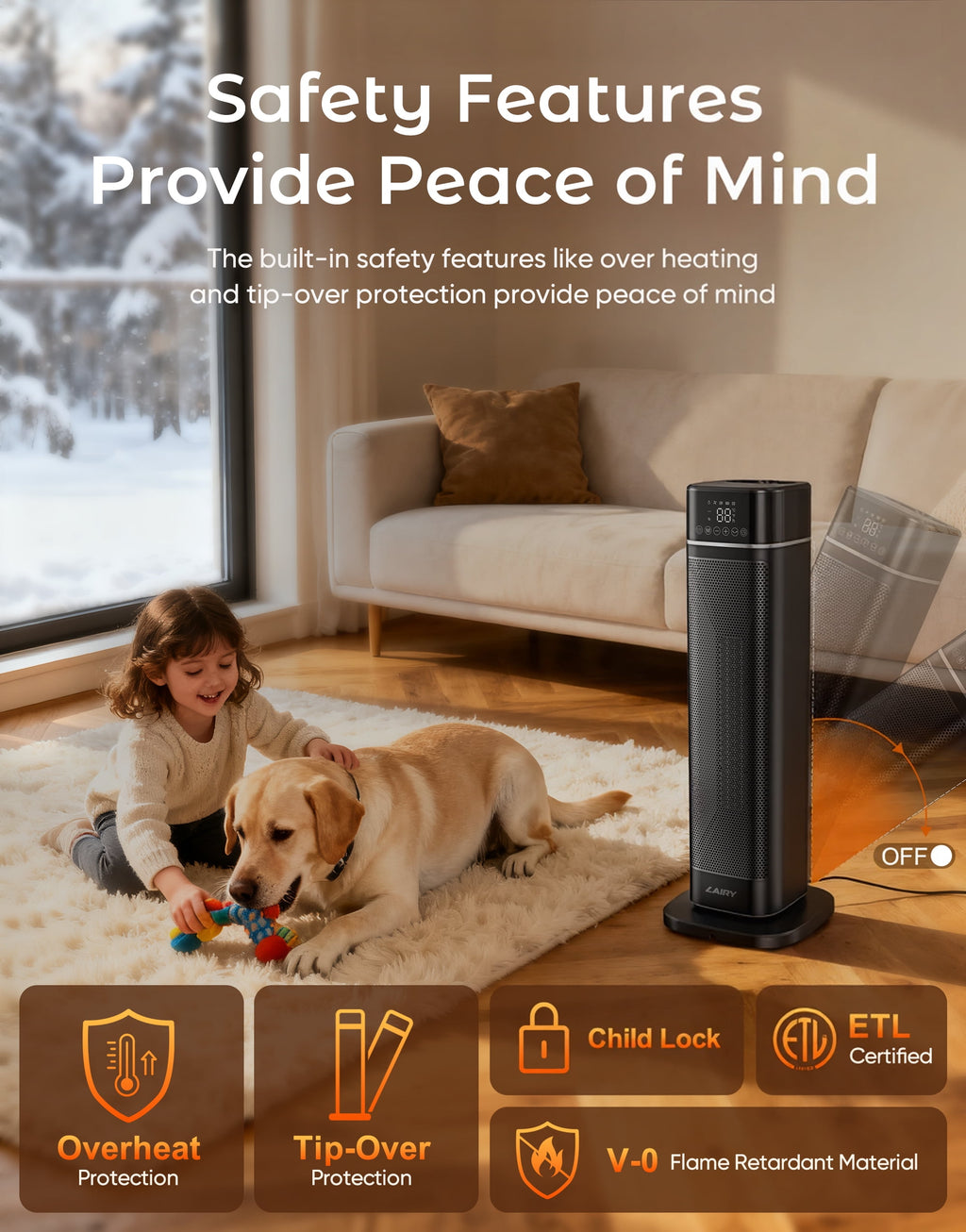 24Inch Space Heater for Indoor Use, 1500W Fast Electric Ceramic Tower Heaters with Thermostat,3 Modes, Eco, Black