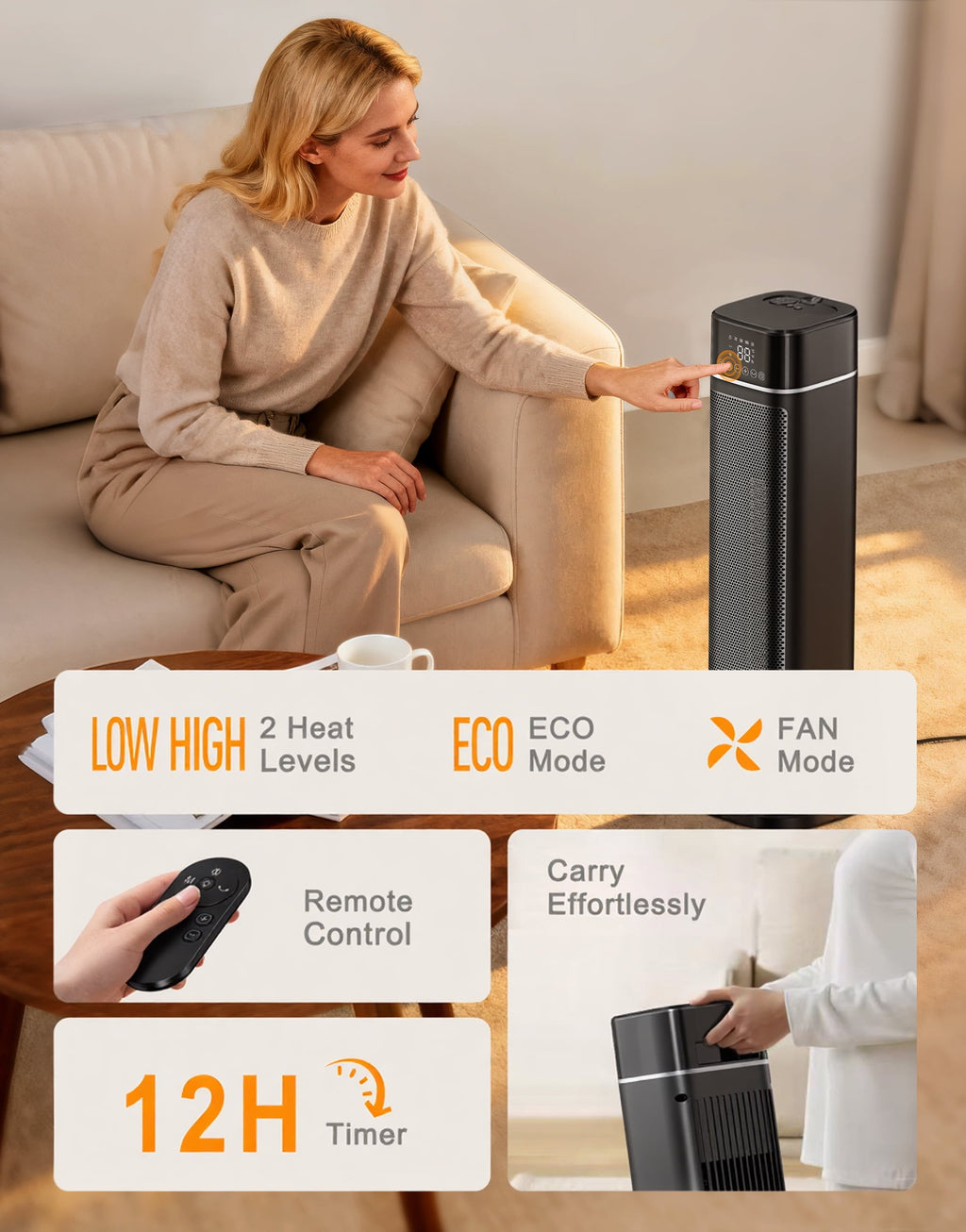 24Inch Space Heater for Indoor Use, 1500W Fast Electric Ceramic Tower Heaters with Thermostat,3 Modes, Eco, Black
