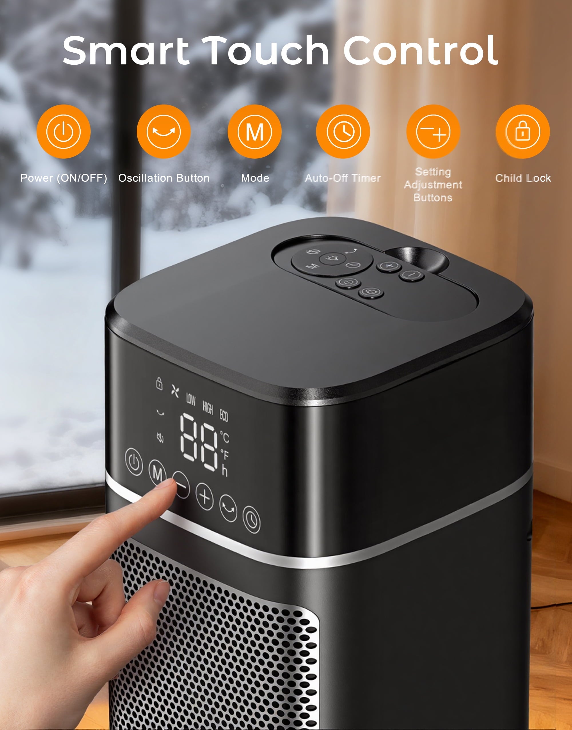 24Inch Space Heater for Indoor Use, 1500W Fast Electric Ceramic Tower Heaters with Thermostat,3 Modes, Eco, Black