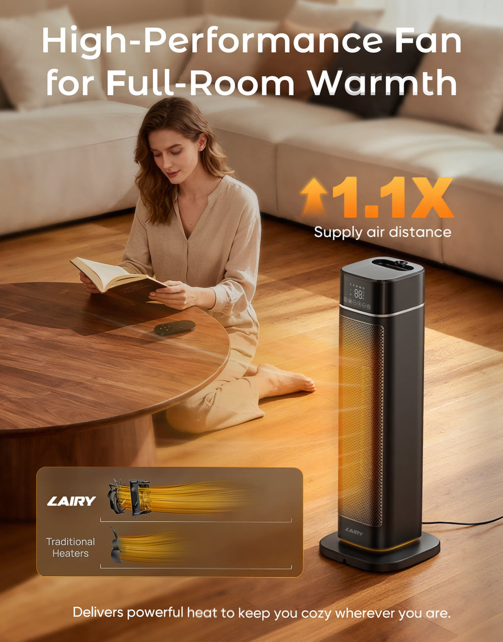 24Inch Space Heater for Indoor Use, 1500W Fast Electric Ceramic Tower Heaters with Thermostat,3 Modes, Eco, Black