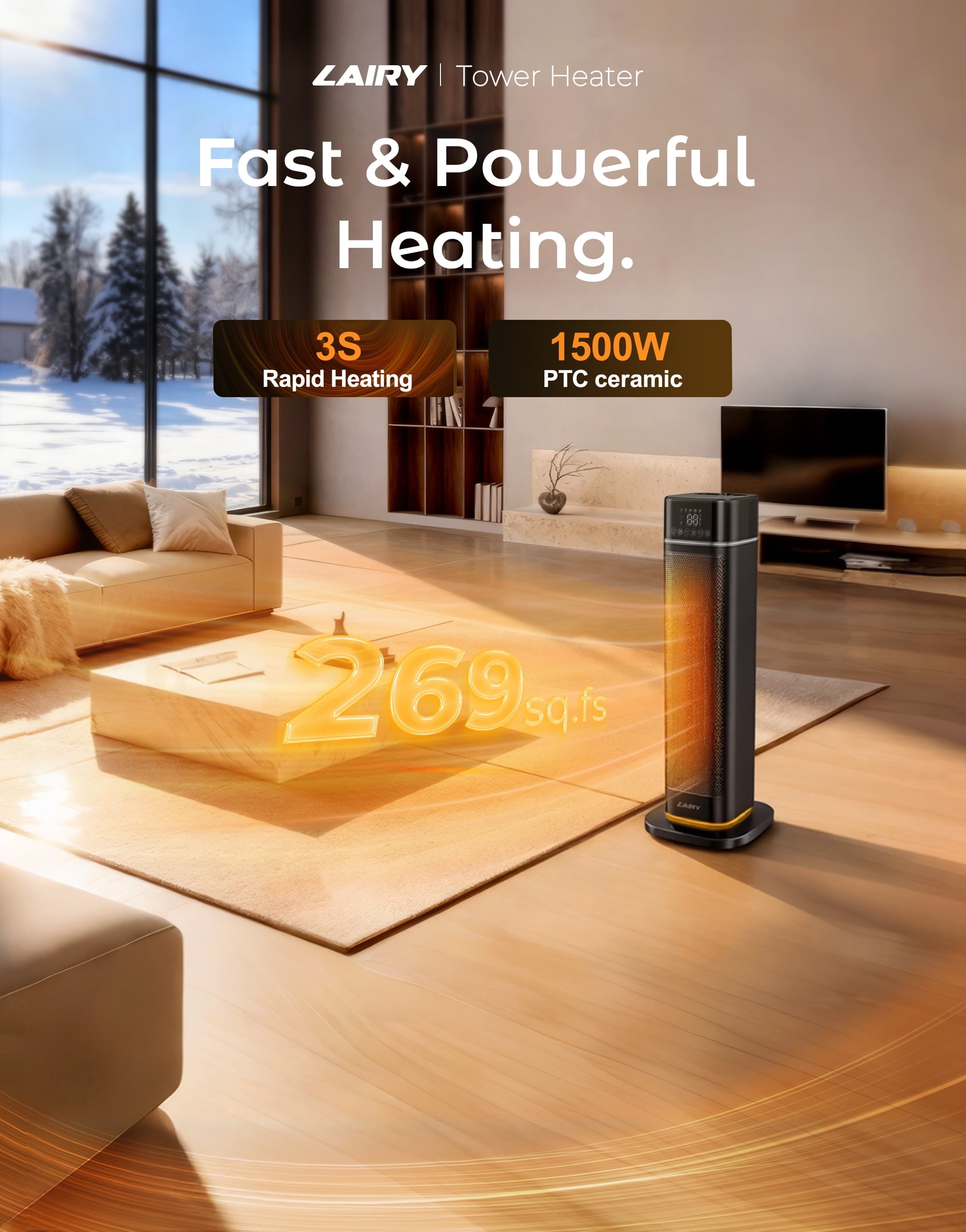 24Inch Space Heater for Indoor Use, 1500W Fast Electric Ceramic Tower Heaters with Thermostat,3 Modes, Eco, Black